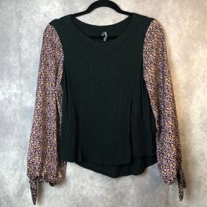 Anthropologie Shirt Womens XS Blouse Black Floral Balloon Tie Sleeves Boho Top